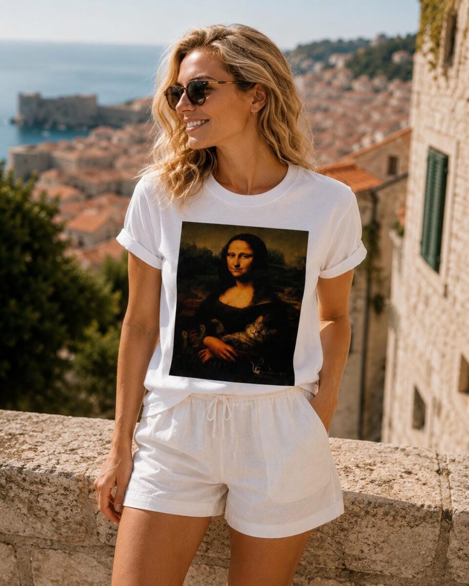 Mona Lisa Cat T-Shirt - Handmade Cat Souvenir from Dubrovnik