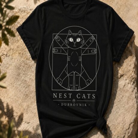 Vitruvian Cat T-Shirt (Black) - Handmade Cat Souvenir from Dubrovnik
