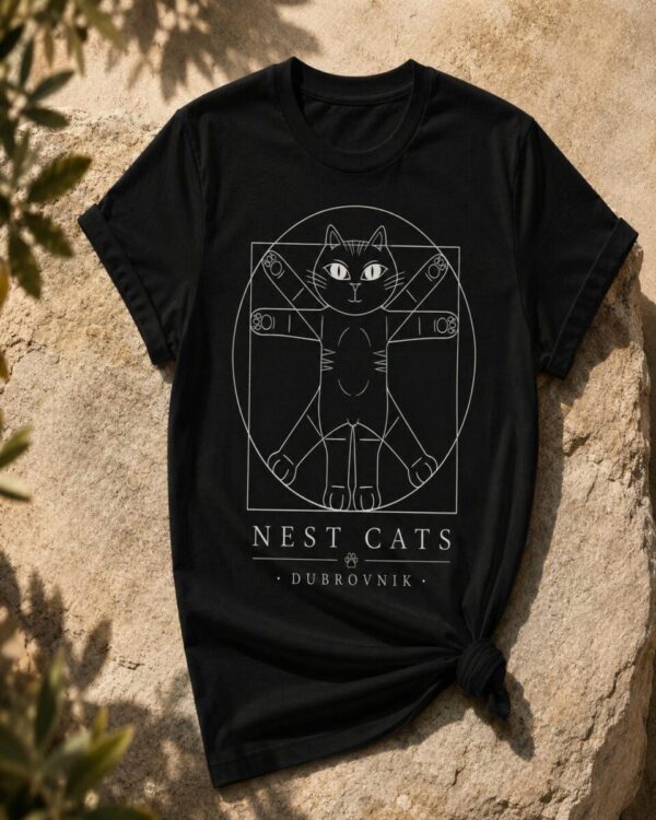 Vitruvian Cat T-Shirt (Black) - Handmade Cat Souvenir from Dubrovnik