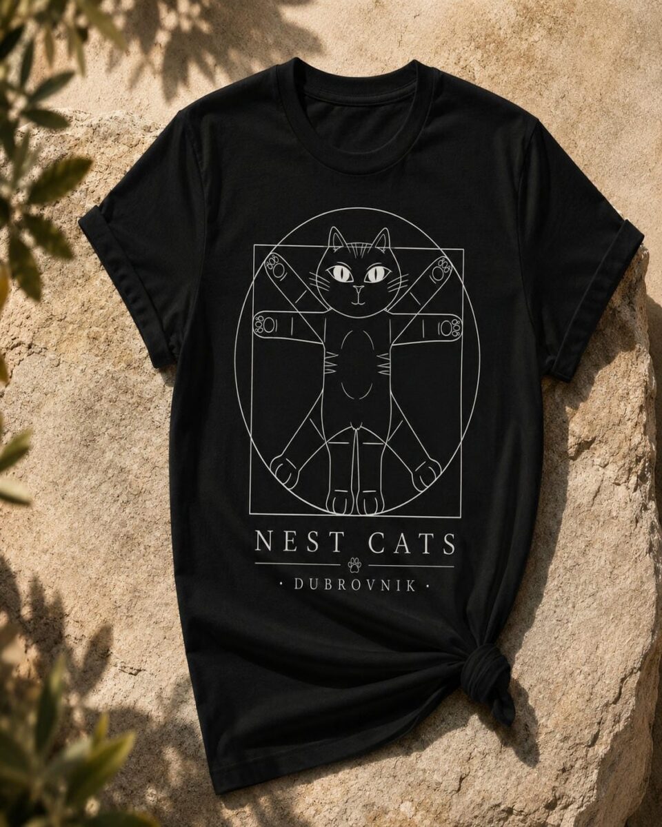 Vitruvian Cat T-Shirt (Black) - Handmade Cat Souvenir from Dubrovnik