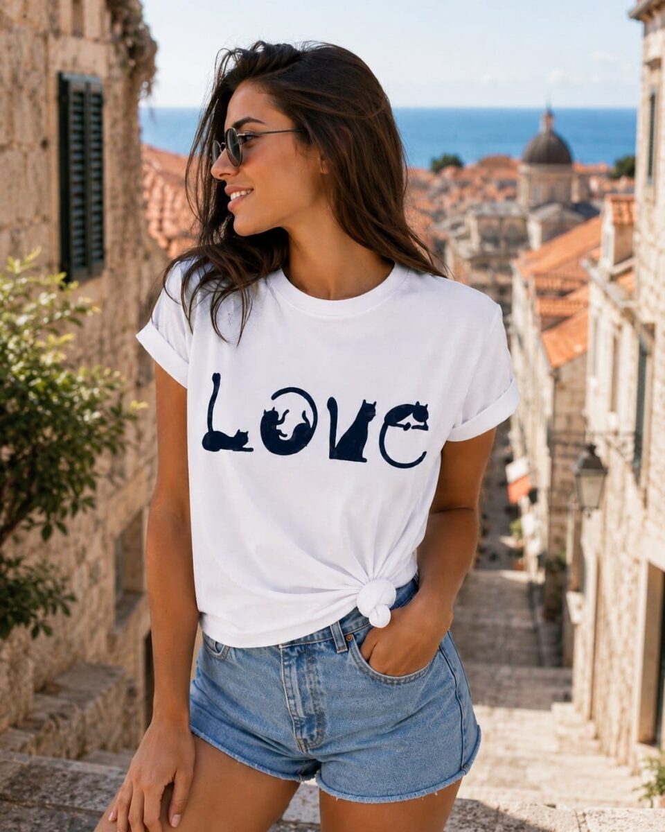 “Love” Cat T-Shirt - Handmade Cat Souvenir from Dubrovnik