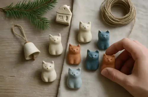 Handmade ceramic cat ornaments and a bell laid out on linen with a pine branch