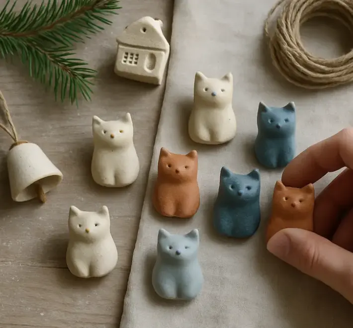 Handmade ceramic cat ornaments and a bell laid out on linen with a pine branch