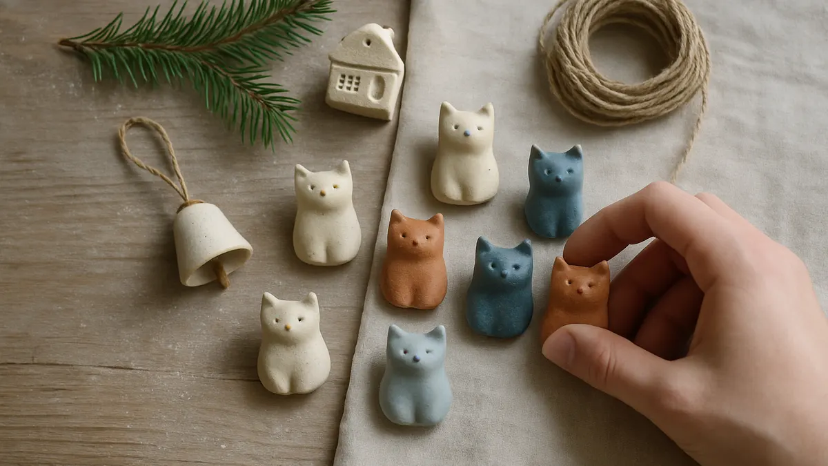 Handmade ceramic cat ornaments and a bell laid out on linen with a pine branch