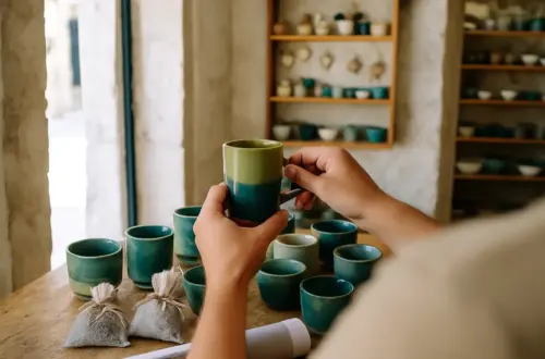 Hands lifting a hand-glazed ceramic mug in a Dubrovnik Old Town artisan shop
