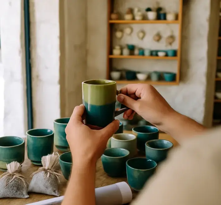 Hands lifting a hand-glazed ceramic mug in a Dubrovnik Old Town artisan shop
