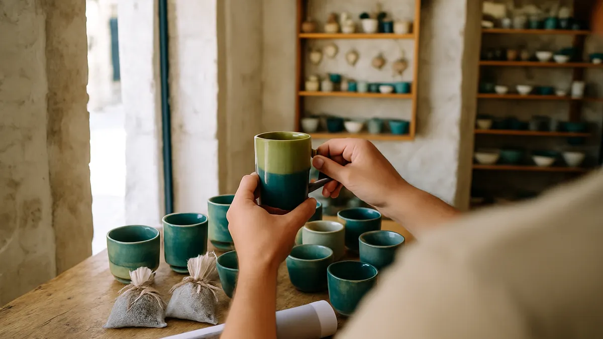 Hands lifting a hand-glazed ceramic mug in a Dubrovnik Old Town artisan shop